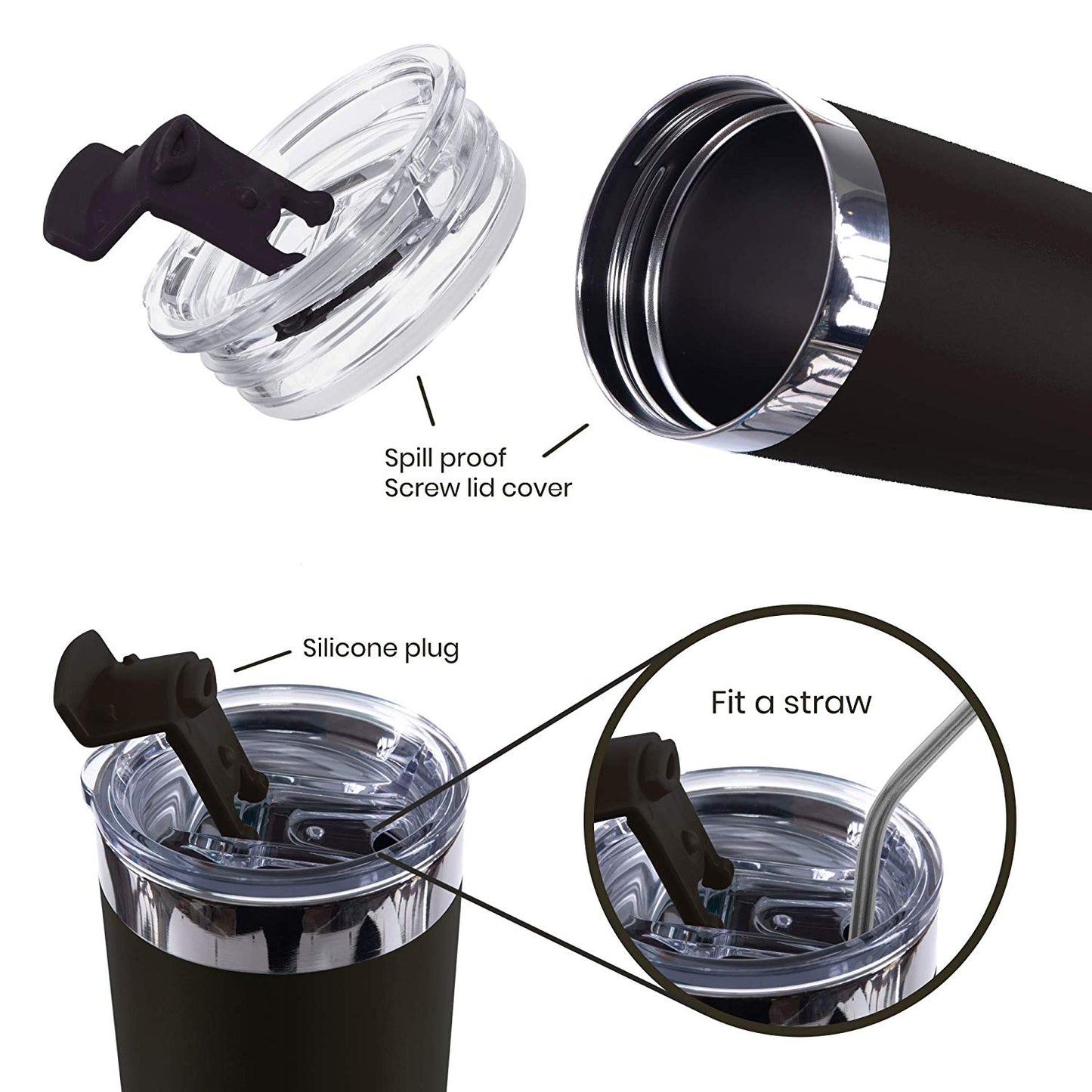 DRINCO® 20oz Insulated Tumbler w/Spill Proof Lid, 2 Straws(Black)