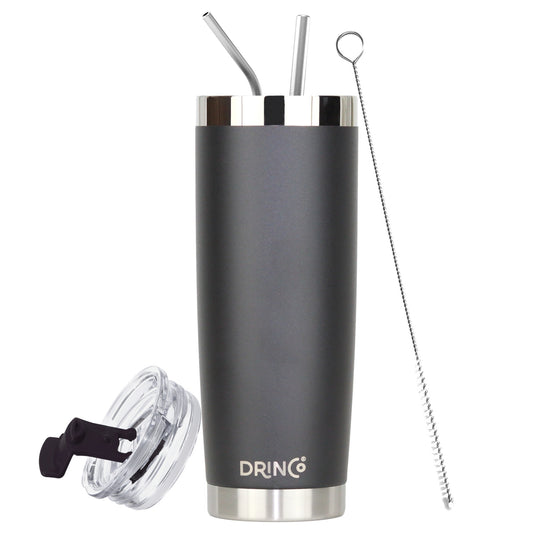 DRINCO® 20oz Insulated Tumbler w/Spill Proof Lid, 2 Straws(Black)